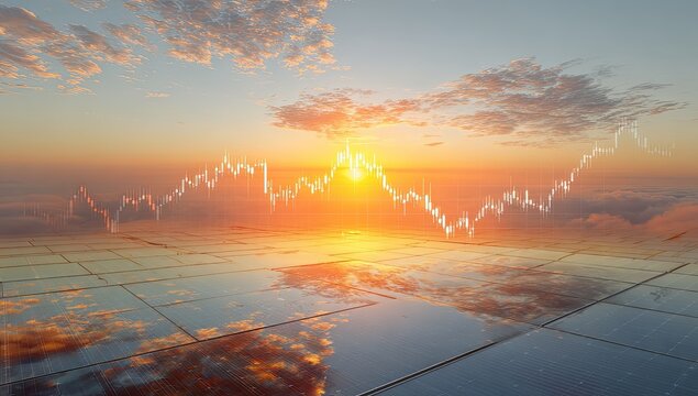 Chart reflected on solar panels at sunset