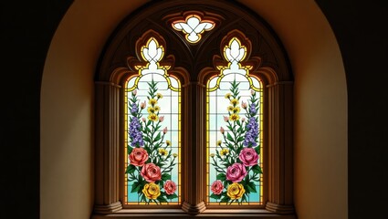 Ornate stained glass window depicting a floral arrangement.