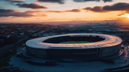 Aerial view of modern stadium and city skyline during stunning sunset cinematic view - Powered by Adobe