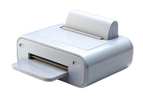 Modern white compact printer with paper output tray isolated on transparent background