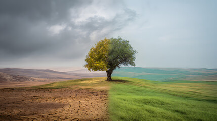 Changement climatique vu à travers un paysage contrasté entre sécheresse et verdure florissante