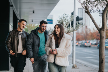 Obraz premium Three young friends sharing laughter and conversation while strolling along a lively city street.