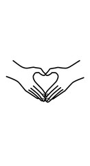 Two hands making a heart shape, black outline, love symbol.