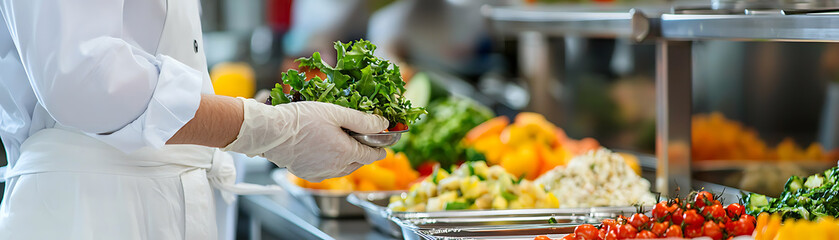 Chef preparing fresh salad at kitchen. Healthy food concept. Professional cook holding bowl with lettuce and other ingredient for buffet service.