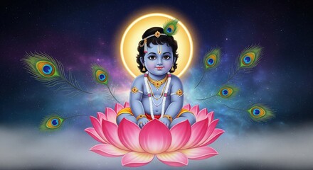 Baby Krishna Sitting on Lotus with Cosmic Aura – Glowing Divine Peacock Feather Spiritual Wallpaper HD