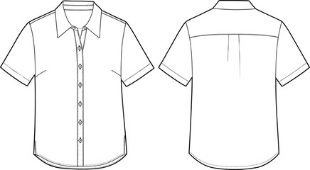 Short sleeve shirt technical flat, front and back view, button down shirt template, fashion cad drawing, vector clothing sketch