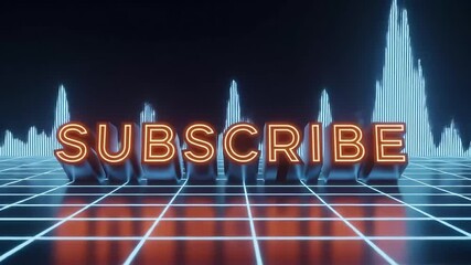 A retro futuristic 3D rendering of neon 'Subscribe' text on a glowing grid with a digital waveform. - Powered by Adobe