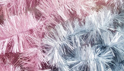 Fototapeta premium Festive Pink And Silver Tinsel Background Texture For Holiday Decoration