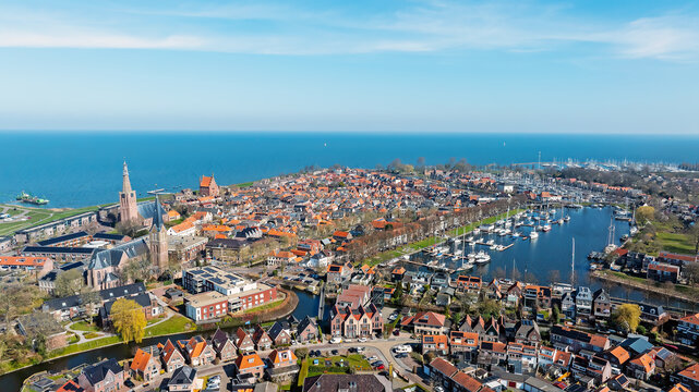 Aerial panorama from the historical town Medemblik at the IJsselmeer in the Netherlands