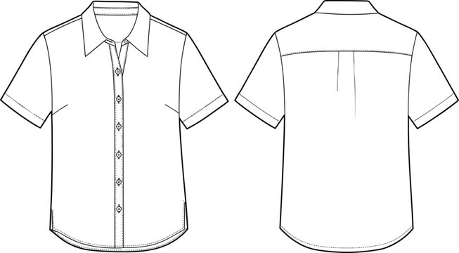 Short sleeve shirt technical flat, front and back view, button down shirt template, fashion cad drawing, vector clothing sketch