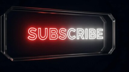 Futuristic neon subscribe button with glowing red and white text inside a glass frame. Digital interface call to action. - Powered by Adobe