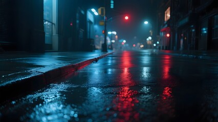 Rainy Night Street with Neon Lights Reflecting on Wet Pavement