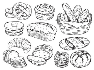 Set of hand drawn pastries, loaf of bread, basket with bread outline drawing illustration