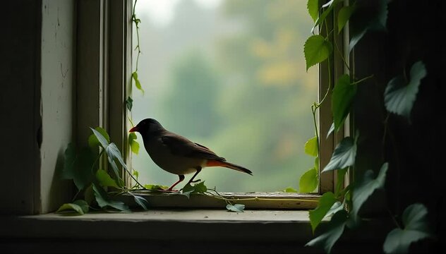 Mynah bird walking along window ledge