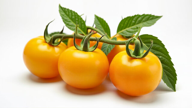 Five ripe yellow tomatoes with attached green leaves isolated on a white background. Suitable for food blogs, healthy eating concepts, and fresh produce advertisements. - Powered by Adobe