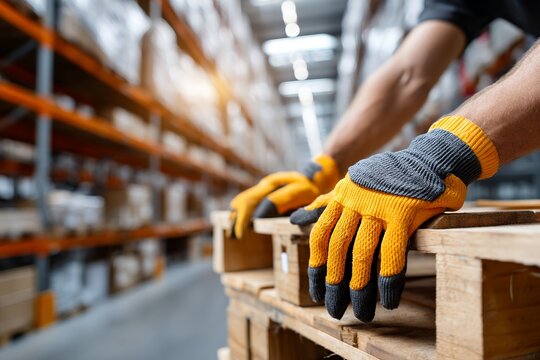 Worker hands with safety gloves handling wooden pallet in warehouse environment