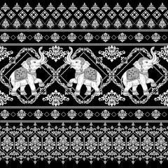 Thai traditional Ethnic elephant pattern vector, hand drawn, Aztec, tile, embroidery illustration design.
