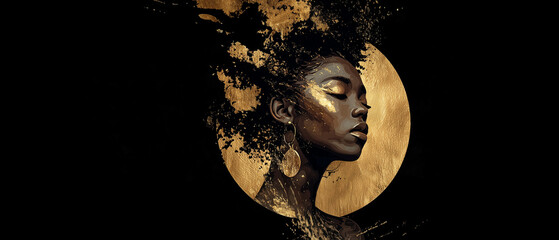abstract panoramic headshot of beautiful african american ethnicity young confident woman; blac background; artistic illustration with short hair black beauty serious girl; golden & brown aethetic