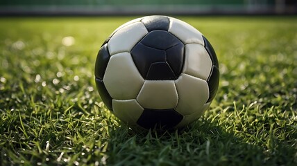 A realistic black and white soccer ball on green grass field, under natural light. Shallow depth, cinematic style, peaceful and professional look