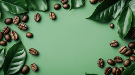 flat lay coffee beans with green leaves against matte green background. 3d illustration.
