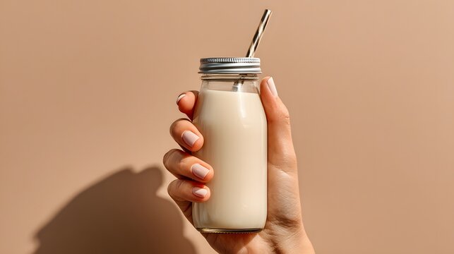 Neutrales Getr&auml;nk in Glasflasche mit Strohhalm vor beige Hintergrund
