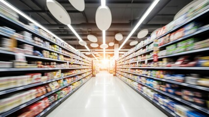Blurred background of a grocery store aisle with shelves full of various products under soft lighting. Retail concept, indoor, motion blur, and abstract commercial scene.