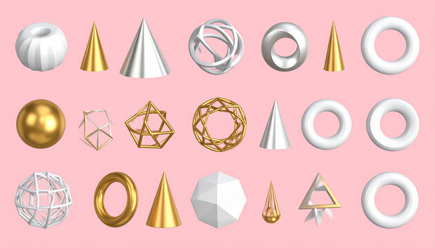 3d set gold shapes square cylinder sphere pyramid torus star cone icosphere on isolated background
