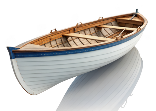 Classic wooden rowboat with blue trim isolated on transparent background - Powered by Adobe