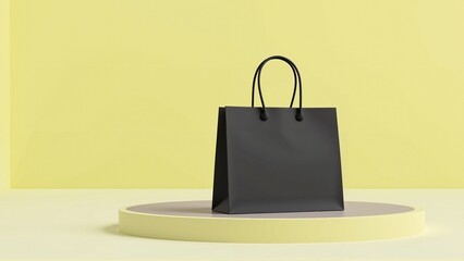 Minimalist black shopping bag mockup on yellow pastel stage background, premium packaging design template, modern branding concept for boutique fashion, luxury retail, elegant product display, adverti