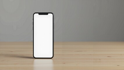 Blank Smartphone Screen Mockup on Wooden Table with Minimal Gray Background for Mobile App Presentation or UI UX Design Display
