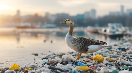 Goose Stands on Trash-Covered Shoreline: A stark contrast of nature against a backdrop of pollution, highlighting environmental concerns.