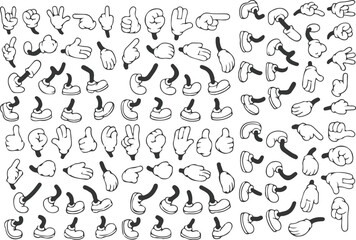 Retro cartoon legs and hands, Hands with gloves and feet with boots, various poses for characters, a set of poses, gestures, placement of hands and feet.
Cartoon set of limbs. Mascot character set