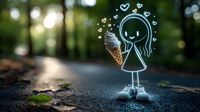 Fr&ouml;hliche Cartoon-Figur mit Eiscreme &ndash; Leuchtende Sommerillustration im Wald
