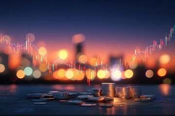 Financial market analysis at night.  Stacks of coins and candlestick charts overlay a cityscape