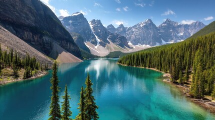 Serene turquoise lake nestled amidst towering snow-capped mountains and lush evergreen forests under a vibrant blue sky