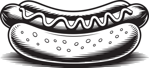 Delicious Hot Dog Vector Illustration with Mustard in Monochrome Style