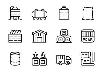 Collection of agricultural and industrial icons including silo truck barrel and bags grain storage industrial building