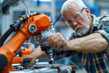 Senior engineer working with a robotic arm in a modern factory