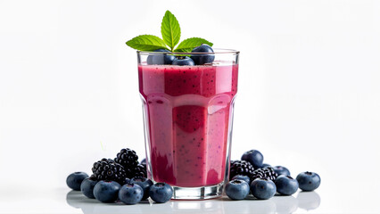 A glass of vibrant purple smoothie made from blueberries and blackberries isolated on a white background with fresh berries and mint leaves. Suitable for healthy eating, beverage, and nutrition
