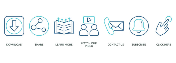 call to action outline color banner icon of download, share, learn more, watch our video, contact us, subscribe, click here