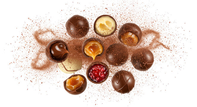 Assorted Chocolate Truffles with Caramel and Berry Fillings on a Transparent Background