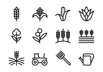 Collection of black outline icons representing agriculture and farming elements vector