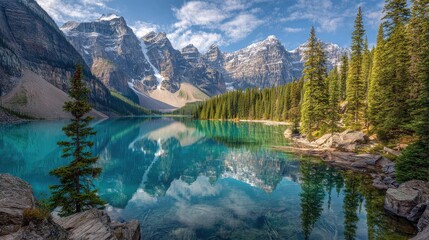 A tranquil mountain lake reflects a stunning, snow-capped mountain range under a vibrant blue sky.  Evergreen trees line the shoreline, creating a picturesque scene of pristine natural beauty
