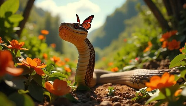 Naga king cobra running slithering through thick jungle