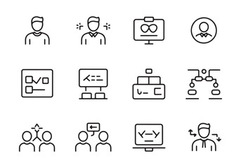 Collection of simple black line art icons representing business and technology concepts people communication