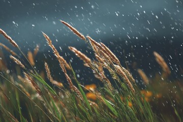 Fototapeta premium Grass blades swaying in the rain.
