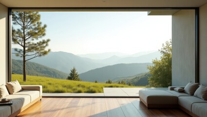 Panoramic mountain view from a modern living room.