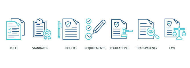compliance outline color banner icon of rules, standards, policies, requirements, regulations, transparency, law