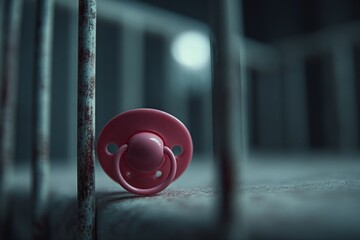 Pink pacifier on dirty floor suggesting a missing baby in dark room with crib
