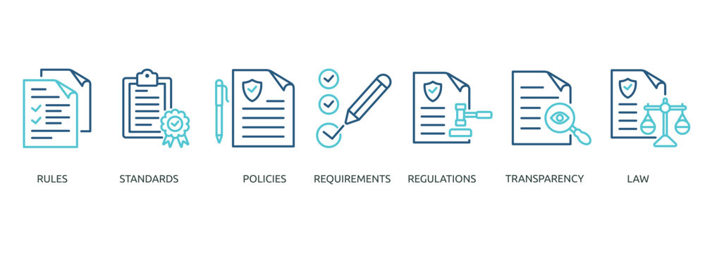 compliance outline color banner icon of rules, standards, policies, requirements, regulations, transparency, law